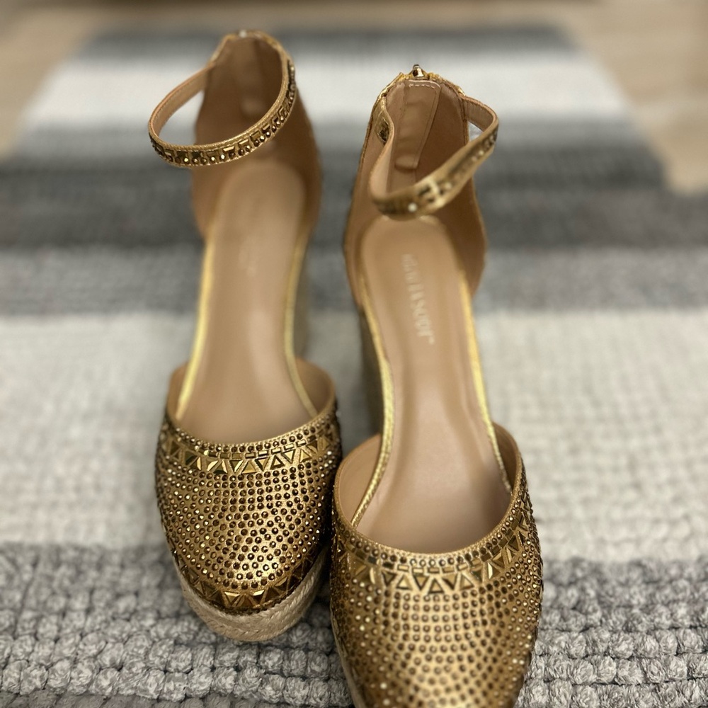 Thalia Sodi Gold Embellished Wedges